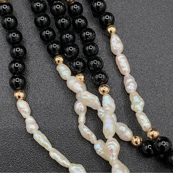 Vintage Ross Simon 14k Rice Pearl Black Onyx Multistrand Necklace - Picture 8 of 8